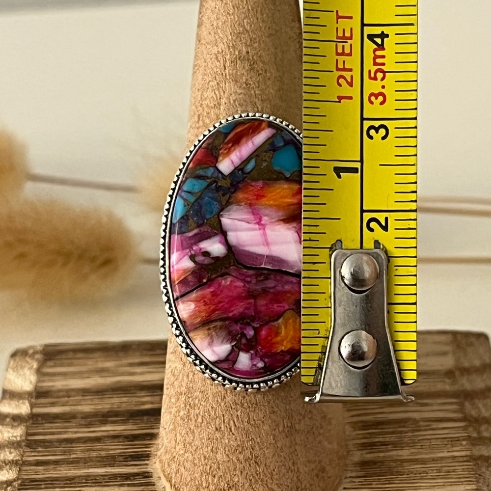 New 925 Stamped Silver Overlay Pink Dahlia Turquoise Gemstone Ring Size 9 - Picture 9 of 10